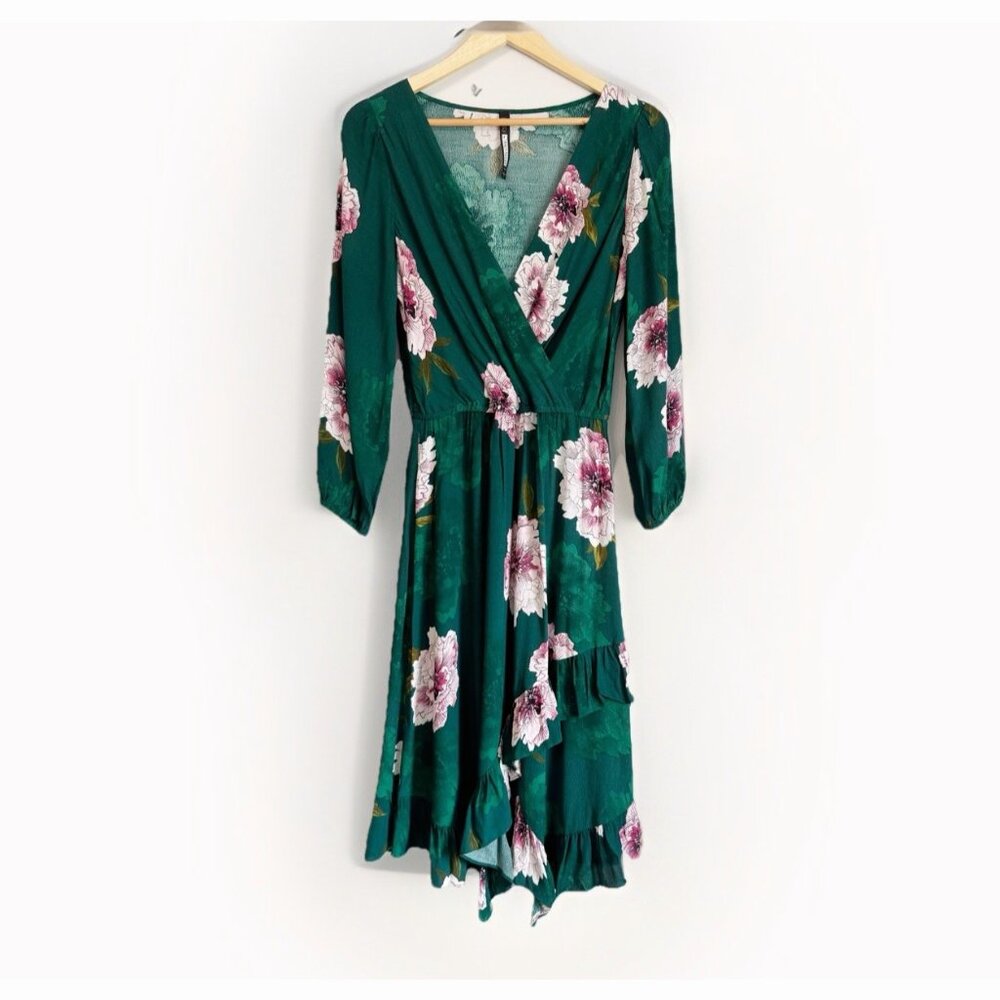 Tracy Reese Plenty Emerald Green Floral Ruffle Wrap Dress Women’s Small Romantic